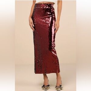 Dazzling Appearance Burgundy Sequin High-Rise Midi Skirt Lulus